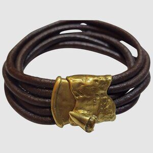Alkemie Brutalist Leather and Brass Sharktooth Screw Lock Bracelet (A2667)